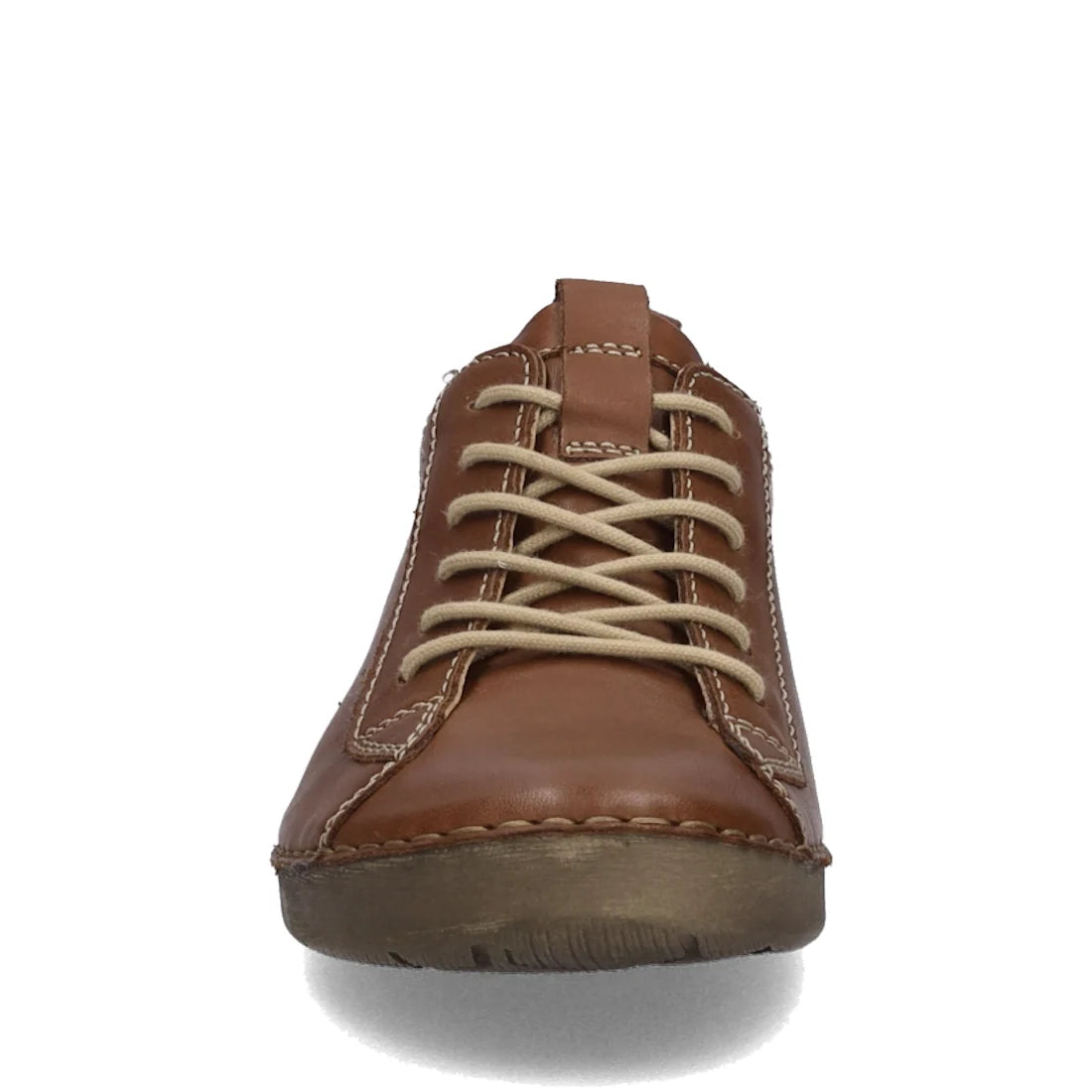 Front view of the Josef Seibel Fergy 56 Women’s Casual Lace Up Shoe in cognac tan, crafted from premium smooth leather with beige laces, visible stitching, and a textured sole for a comfortable fit, displayed against a white background.