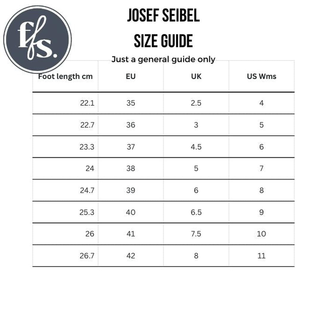Shoe size guide for the Josef Seibel Neele 57 Women's Leather Ankle Boot Zip Wild Kombi Moss Green: e.g., foot length 22.1 cm = EU 35, UK 2.5, US 4; crafted from premium leather with a removable footbed for comfort., 4062838400250, 4002838400267, 40628384, 4062838400274, 4062838400281, 4062838400298