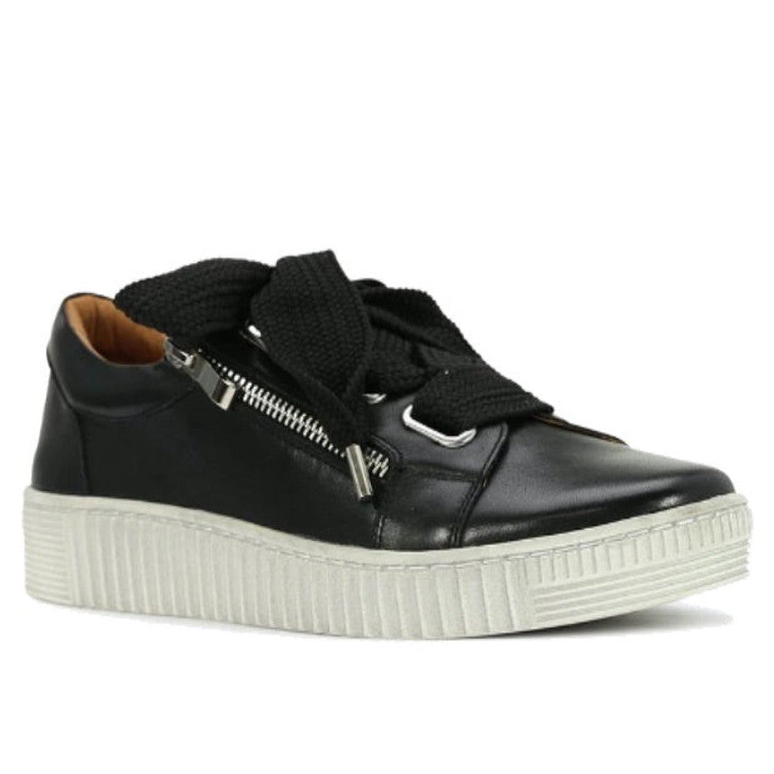 The EOS Jovi Leather Trainer features black Italian leather, thick black laces, a silver side zip, and a chunky rubber sole, displayed angled on a white background., 9321190926491, 10808, 9321190926514, 9321190926521, 9321190926538, 9321190926545, 9321190