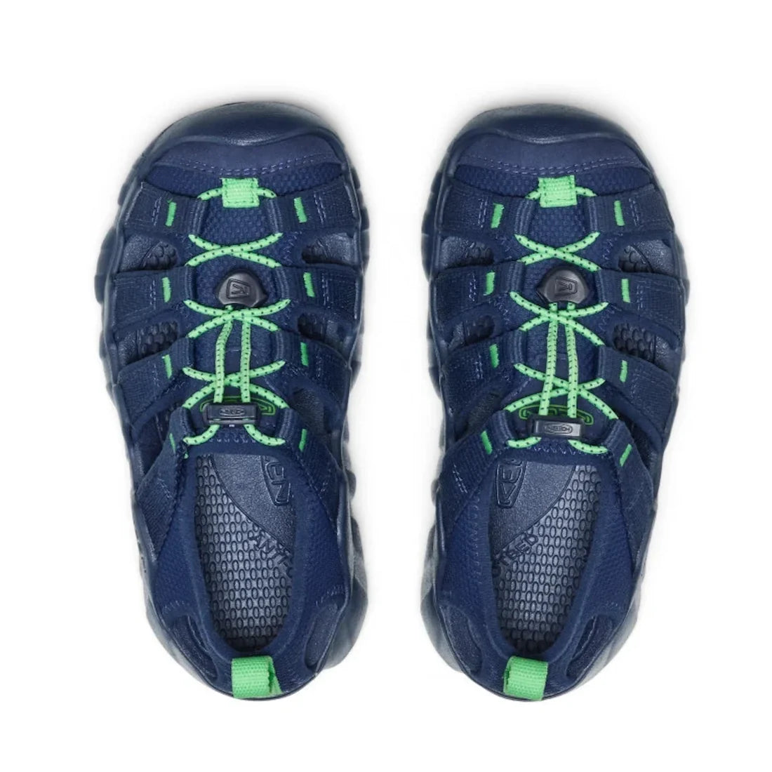 A pair of Keen Kids Hyperport H2 shoes in the “Naval Academy/Vibrant Green” colorway, featuring navy blue closed toes with light green no-tie elastic laces and accents, viewed from above on a white background., 53683, 53684, 53685, 53686, 53687, 53688, 19