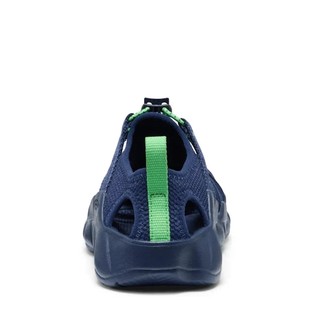 The Keen Kids Hyperport H2 in Naval Academy/Vibrant Green (sizes up to 6 youth) is displayed from the back, showcasing its green pull tab and breathable mesh fabric. The visible sole and heel highlight the design’s side cutouts near the heel. This hybrid 