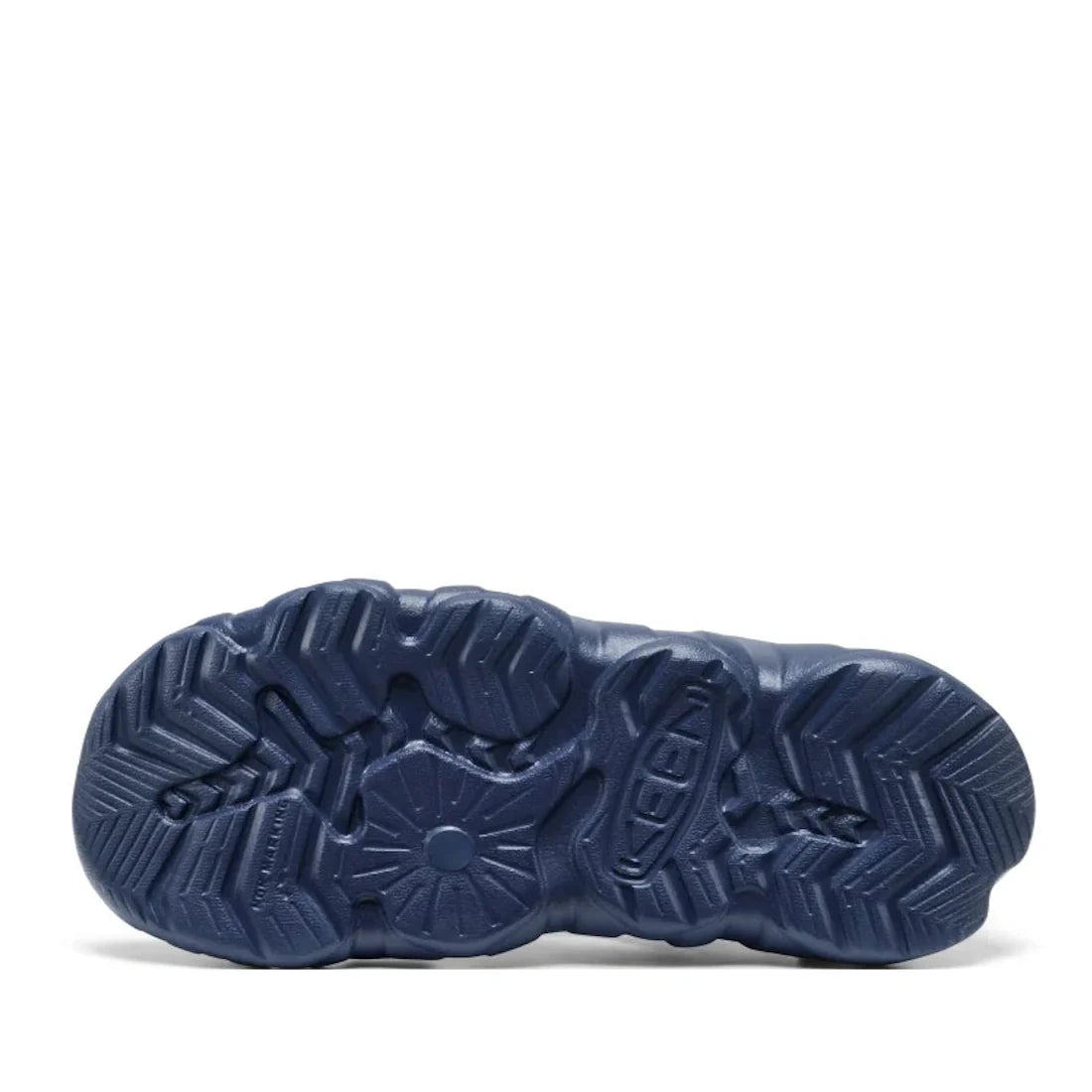 Dark blue rubber sole featuring various textured patterns and the word KEEN embossed at the center, displayed from the bottom against a white background—designed for the Keen Kids Hyperport H2 in Naval Academy Vibrant Green (up to size 6 youth), this hybr