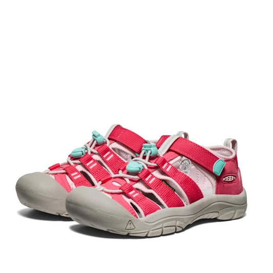Keen Kids Newport H2 Sandals in Raspberry Giggle Pink offer closed toes, sturdy soles, and easy light blue toggles for a comfy, secure fit.  ksnz