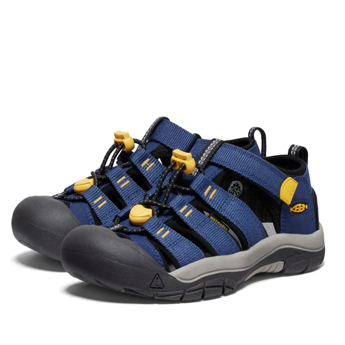Introducing the Keen Kids Newport H2 in Blue Naval Academy/Yellow (available in US sizes 8 toddlers to 6 youths): These hardwearing outdoor sandals feature blue and black uppers accented with yellow details, rugged grippy non-marking soles for hiking or w