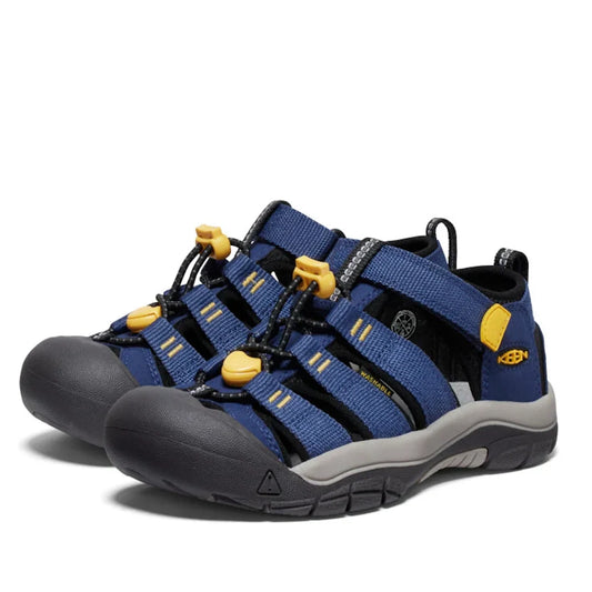 Introducing the Keen Kids Newport H2 in Blue Naval Academy/Yellow (available in US sizes 8 toddlers to 6 youths): These hardwearing outdoor sandals feature blue and black uppers accented with yellow details, rugged grippy non-marking soles for hiking or w