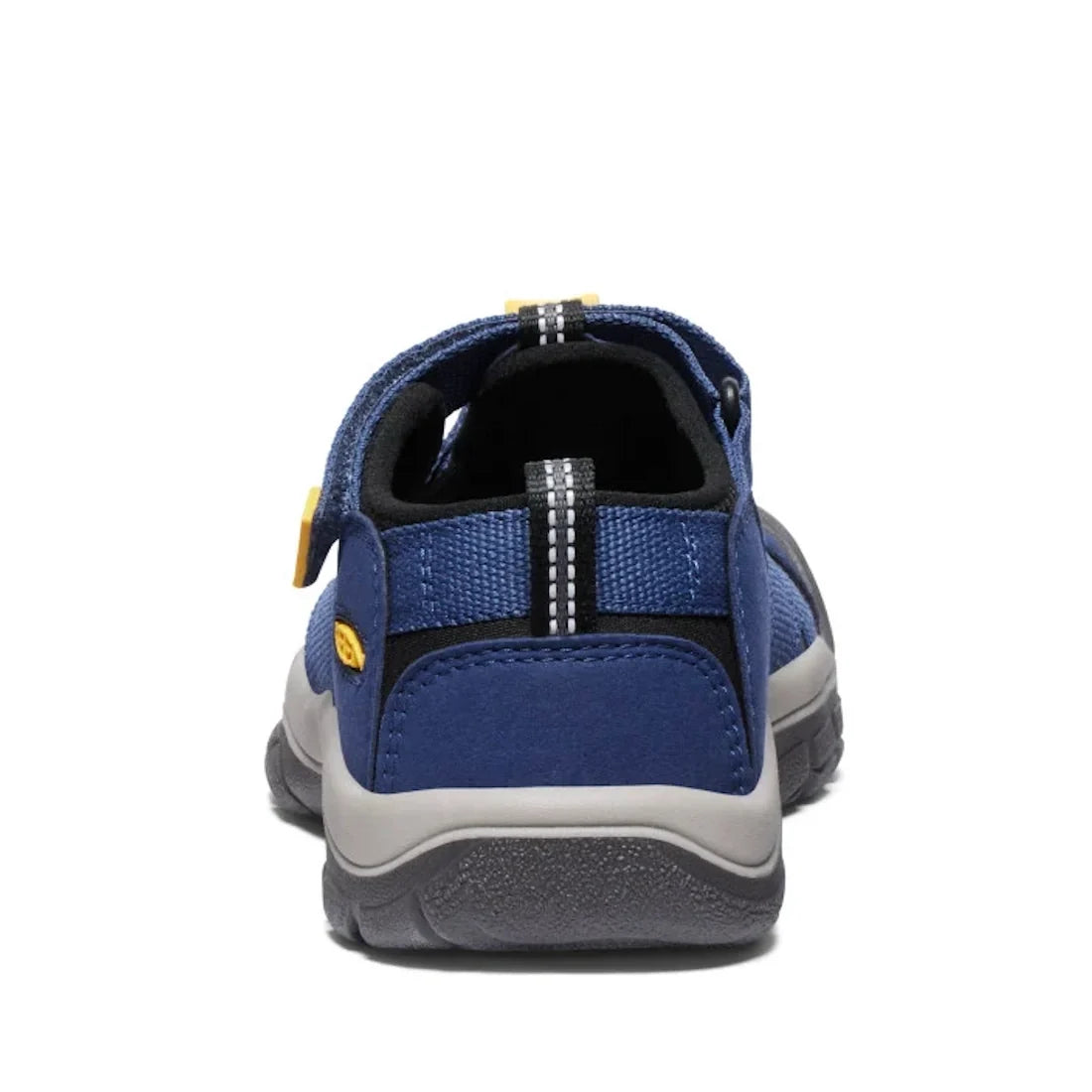 Rear view of the Keen Kids Newport H2 sandal in Blue Naval Academy Yellow, featuring a durable blue and black upper, a gray textured non-marking sole for added grip, a reflective strip along the heel, and a yellow Keen logo tag on the left side. Available