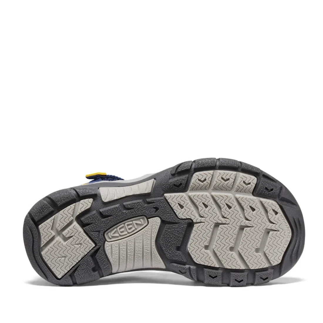 The image displays the sole of the Keen Kids Newport H2 sandal in Blue Naval Academy Yellow (US 8 Toddlers to 6 Youths), featuring a durable, multi-directional gray and black tread pattern. The grippy, non-marking outsole delivers reliable traction for ac