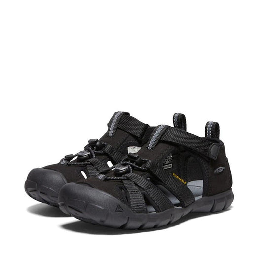 Keen Big Kids Black School Sandal - Seacamp 11 CNX, a sturdy sandal with waterproof closed toes, grippy sole, and easy straps.  ksnz