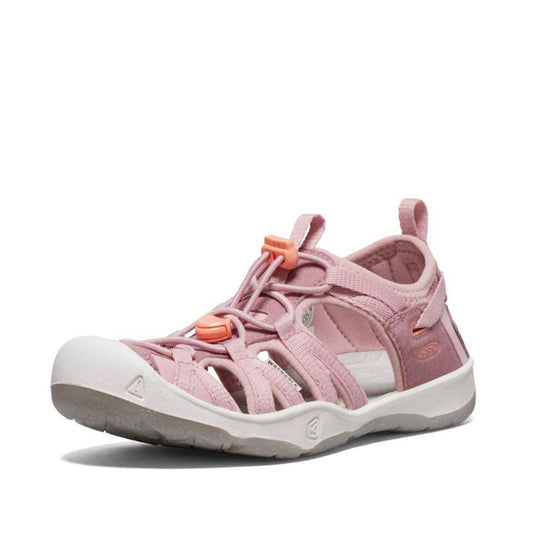 Keen Kids Moxie Girls Sandal: Pink closed-toe shoe with white sole, orange bungee closure—waterproof fun for little adventurers.  ksnz