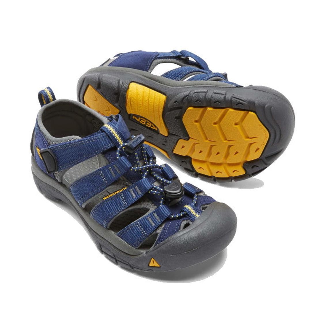 KEEN Newport H2 Kids Sandals in blue with cheerful yellow details, sturdy non-slip soles, and easy-on bungee closure; perfect for play.  ksnz