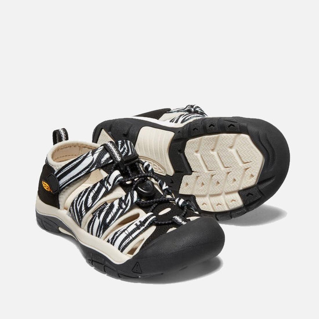 Keen Kids Newport H2 Black Zebra Star closed toe sandals with easy bungee laces, beige midsoles, and sturdy black rubber soles.  ksnz