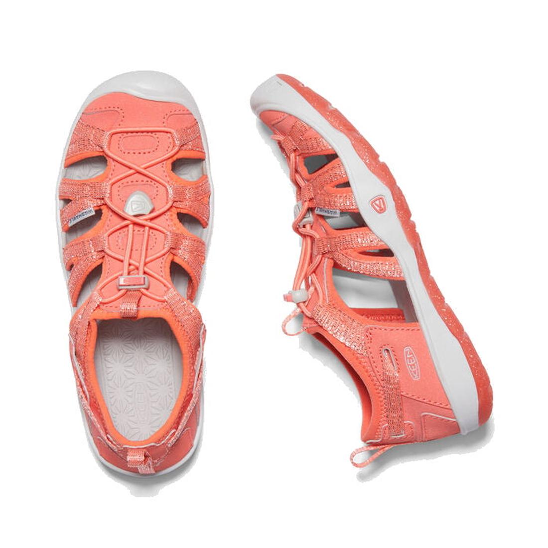 Keen Kids Moxie Sandal in Tea Rose Pink Orange with white soles, cut-outs, elastic laces, closed toe; perfect for play.  ksnz
