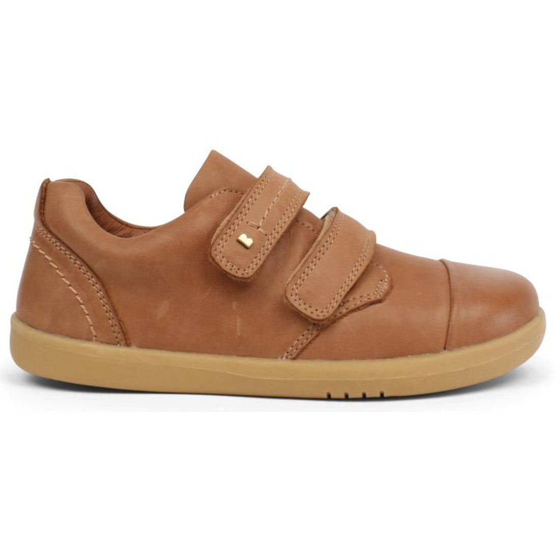 The Bobux Kid+ Port Shoe Caramel Tan 833002 is a unisex kids’ leather dress shoe with a brown upper, tan rubber sole, two Velcro straps, visible stitching, and a rounded toe for classic style and comfort., 9420068525467, 9420068525474, 9420068525481, 9420
