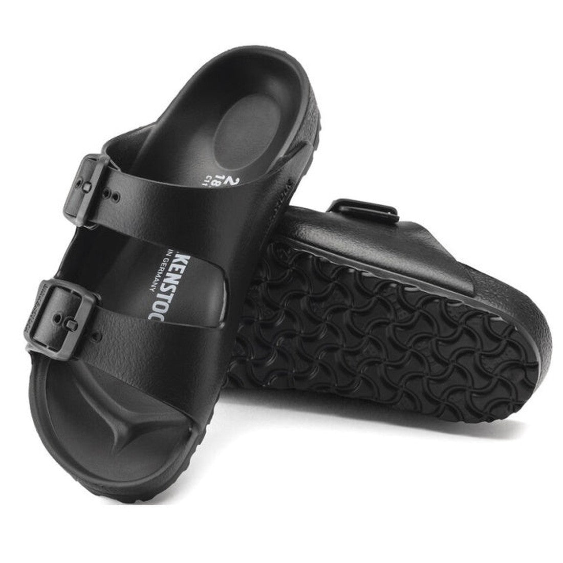 a pair of Birkenstock Kids EVA Black Arizona Sandal Narrow Width Not Suitable for Schoolwear with double straps, one over the foot and one over the toes with buckle adjustment. Staps are linked at the sides of the foot. Made of EVA a plastic like material
