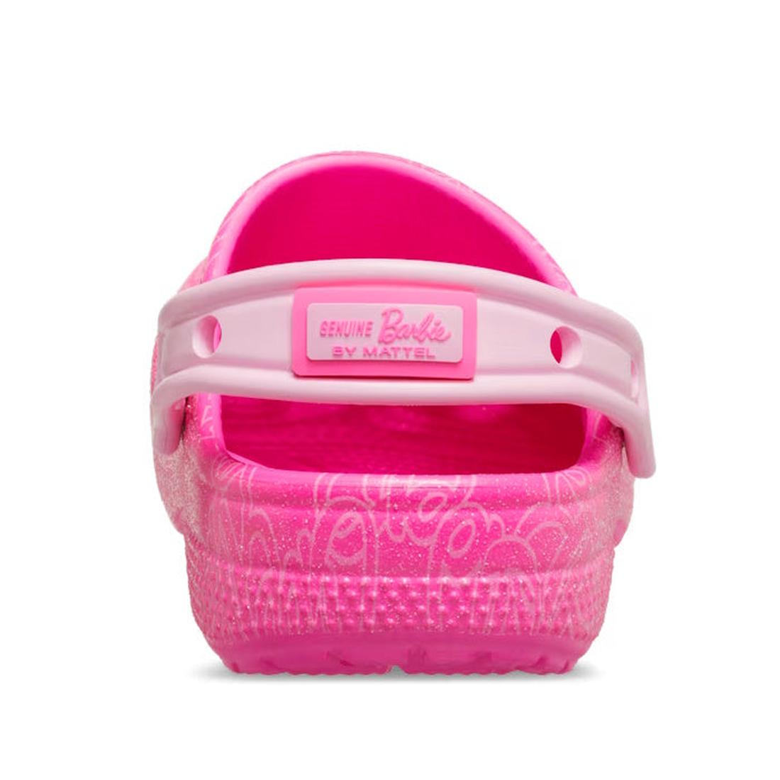 Pink Barbie Crocs clogs sandal with 'Barbie' branding showing the heel on a white background,
198445228865,
198445228872,
198445228889,
198445228896,
198445228902,
198445228919,, 45955, 45956, 45957, 45958, 45959, 198445228865, 198445228872, 198445228889,