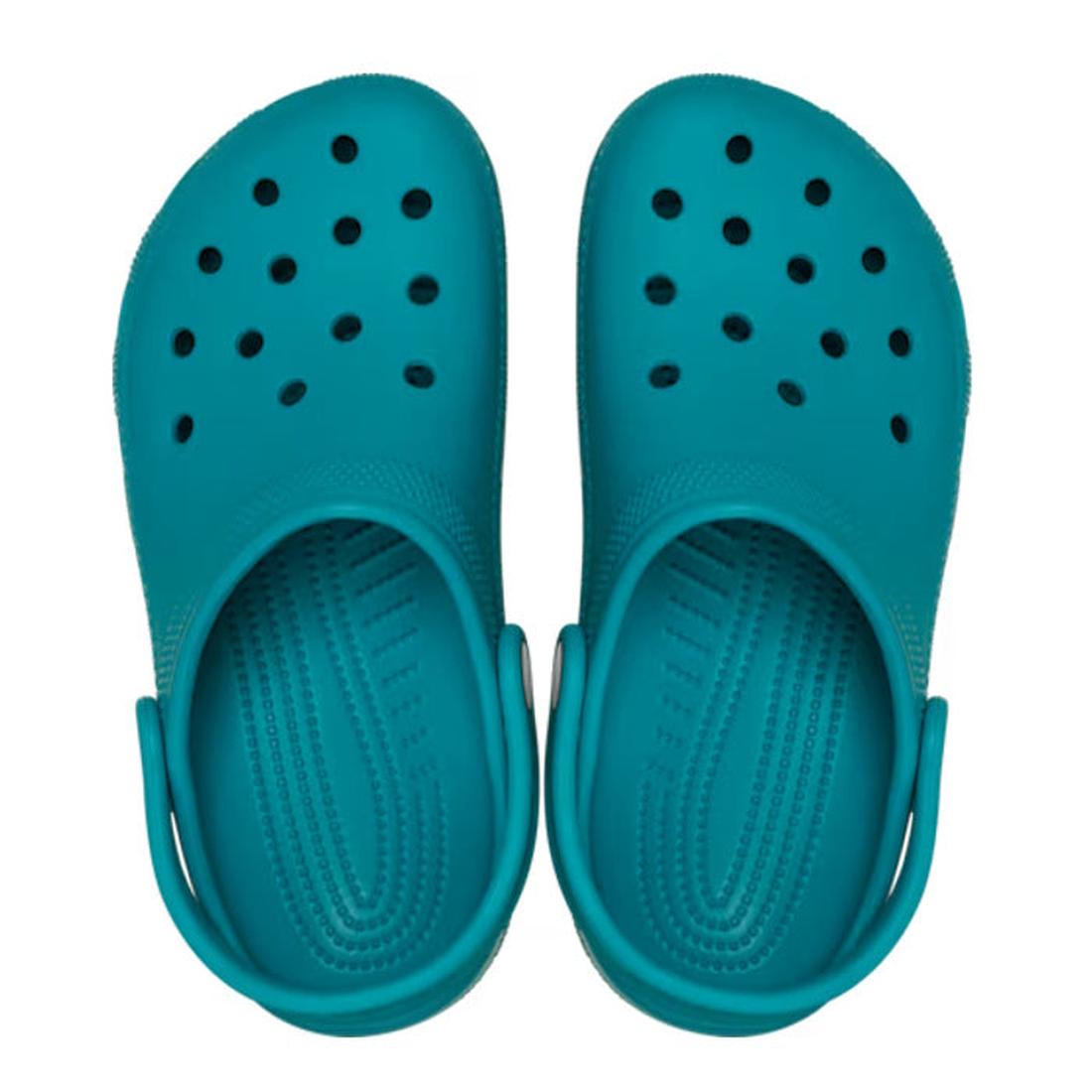A pair of Crocs Kids Toddlers Classic Clog in Turbo Teal Green with ventilation holes, textured insoles, and adjustable heel straps for toddlers, shown from above on a white background., 198445269875, 198445269882, 198445269899, 198445269905, 198445269912