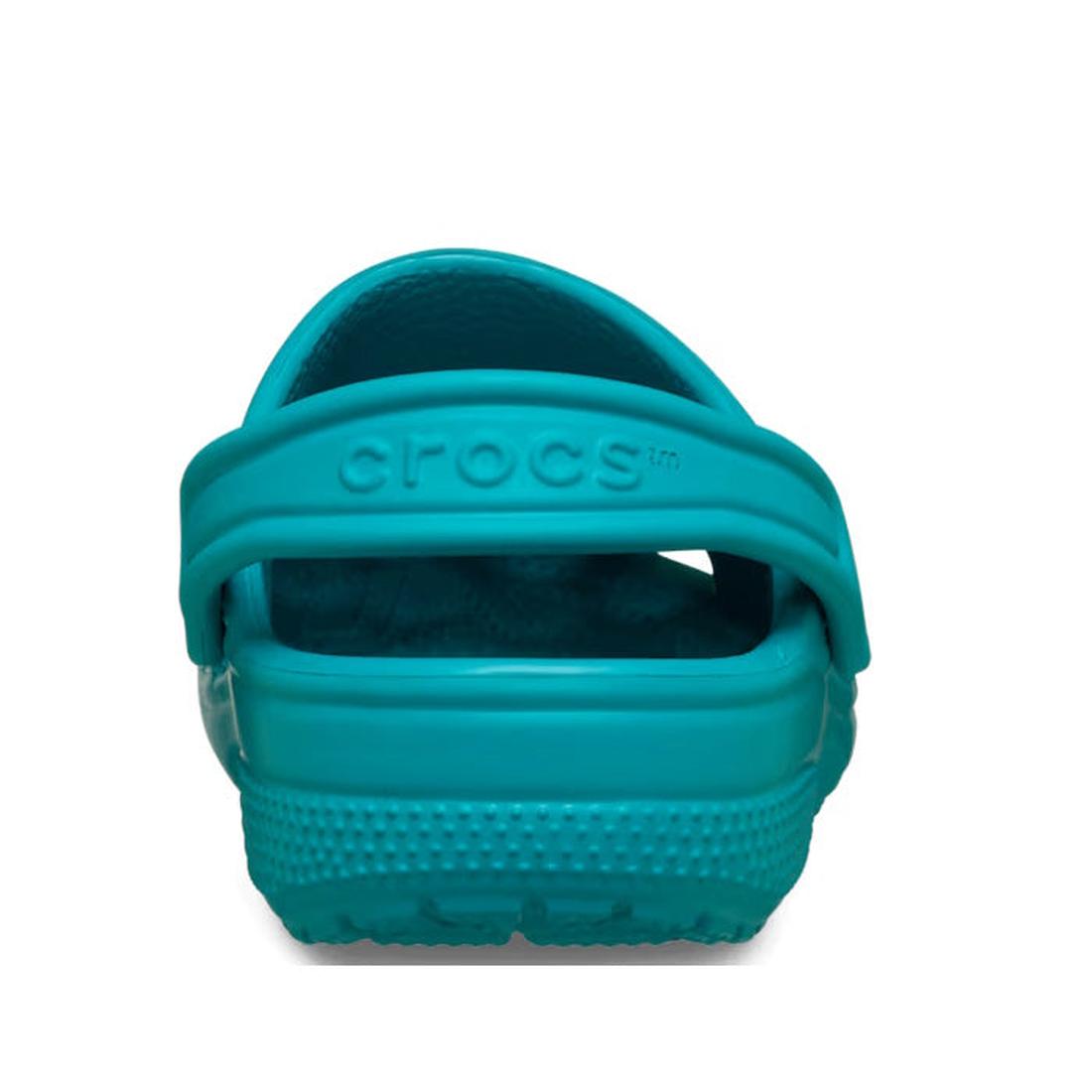 A rear view of the Crocs Kids Toddlers Classic Clog in Turbo Teal Green, showing its textured heel strap and embossed Crocs logo on the back., 198445269875, 198445269882, 198445269899, 198445269905, 198445269912, 198445269851, 198445260889, 198445260896, 