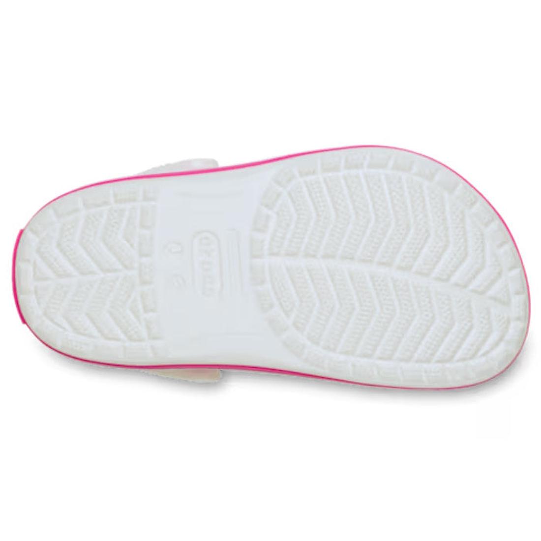 White sandal sole with of a Crocs kids Crocband clog with a  pink rim on a white background,
198445207457,
198445207464,
198445207471,
198445207488,
198445207495,
198445207501,
198445207518,, 198445207457, 198445207464, 198445207471, 198445207488, 1984452