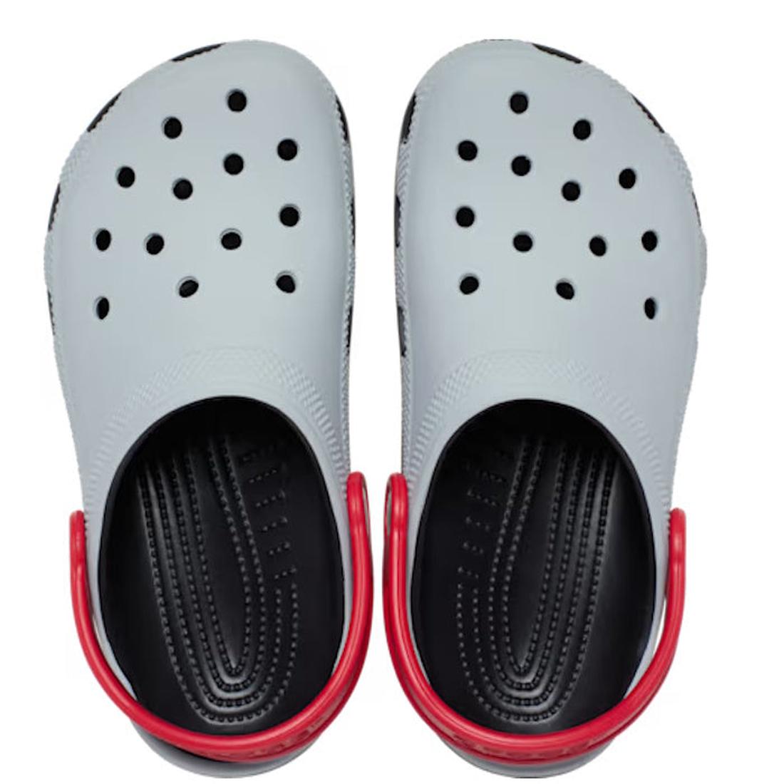 Top doen view of both feet Kids Grey croc grey clogs with black soles and red straps on a white background,
198445164101,
198445164118,
198445164125,
198445164132,
198445164149,
198445164156,, 198445164101, 198445164118, 198445164125, 198445164132, 198445