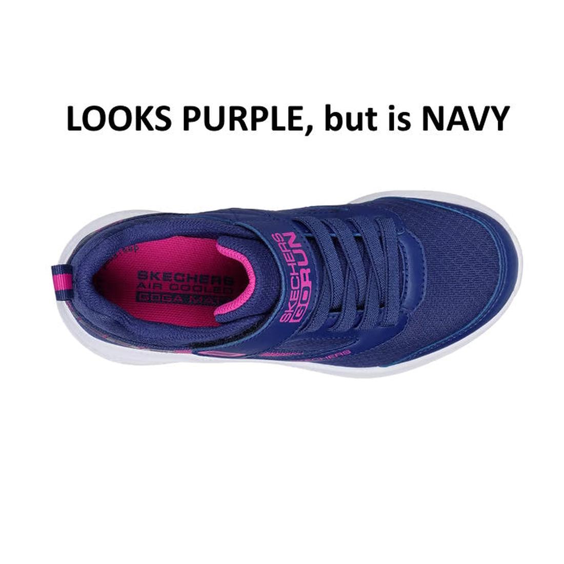 The Skechers Girls Youths Go Run Elevate Sporty Spectacular Navy kids’ shoe is shown from above with pink accents. Bold black text reads, LOOKS PURPLE, but is NAVY. Features a comfy Air-Cooled Goga Mat insole., 197976310018, 197976310032, 197976310056, 19