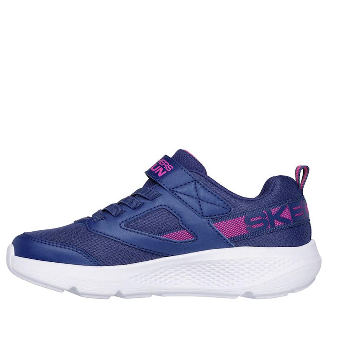 The Skechers Girls Youths Go Run Elevate Sporty Spectacular Navy is a kids' blue athletic shoe with a white sole, pink accents, Velcro strap, "Skechers" in pink on the side, heel loop for easy wear, and Air-Cooled Goga Mat insole., 197976310018, 197976310