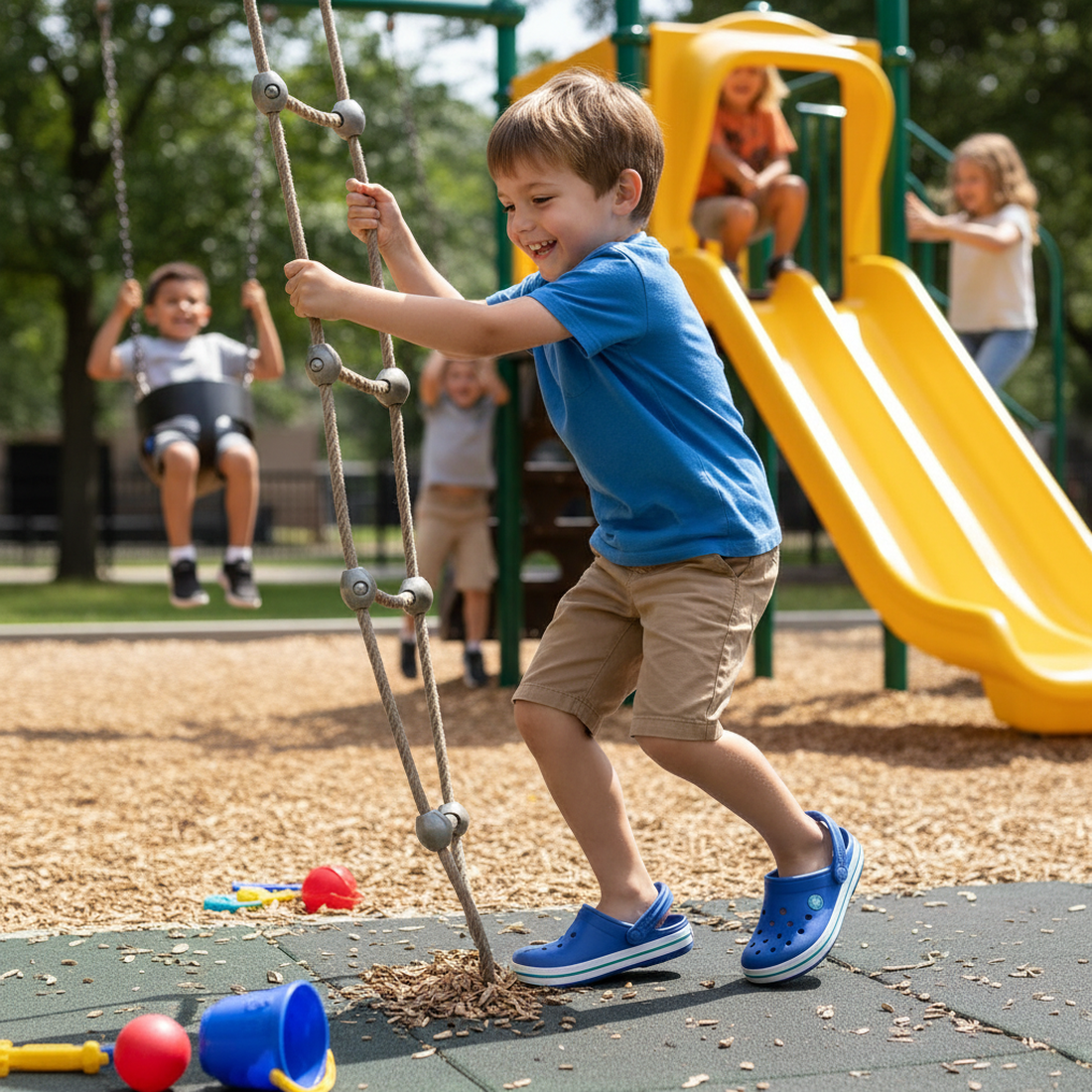 A young boy in a blue shirt and shorts, wearing Crocs Kids - Crocband Classic Clog K Blue Bolt Teal Youths, climbs a rope ladder at the playground while other children play on swings and a yellow slide among colorful toys on a sunny day., 49846, 198445353
