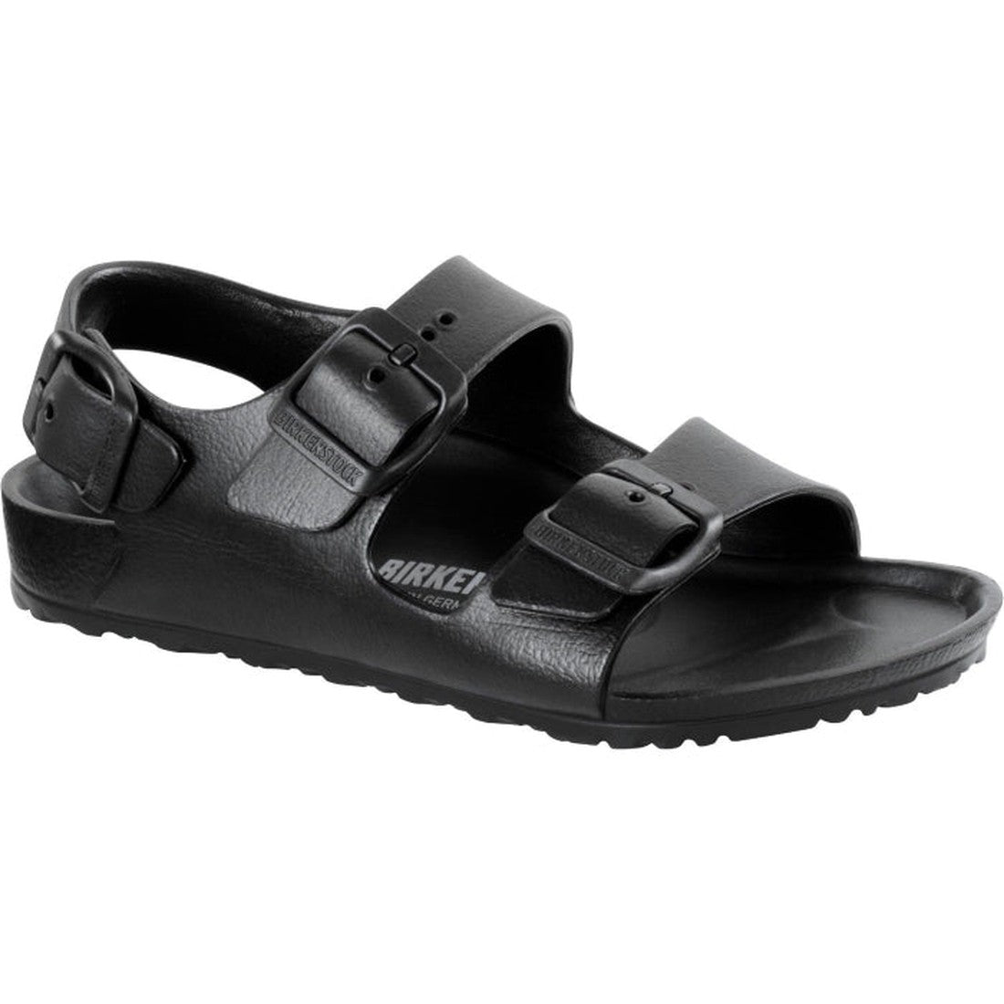 The Birkenstocks Kids Black Milano EVA Sandal (Narrow Width, Not For School) features two buckle straps, an adjustable ankle strap with buckle, and an open toe design, all shown against a white background.