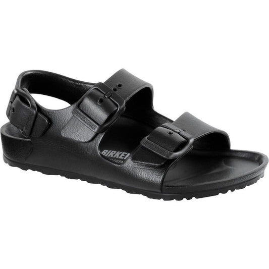 The Birkenstocks Kids Black Milano EVA Sandal (Narrow Width, Not For School) features two buckle straps, an adjustable ankle strap with buckle, and an open toe design, all shown against a white background.