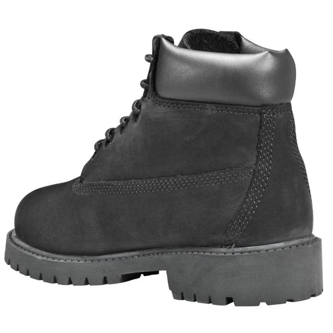 The Timberland Kids Black Icon Youth 6 Inch Waterproof Boot in black, with cozy padding, sturdy sole, and easy laces—rear side view.  ksnz
