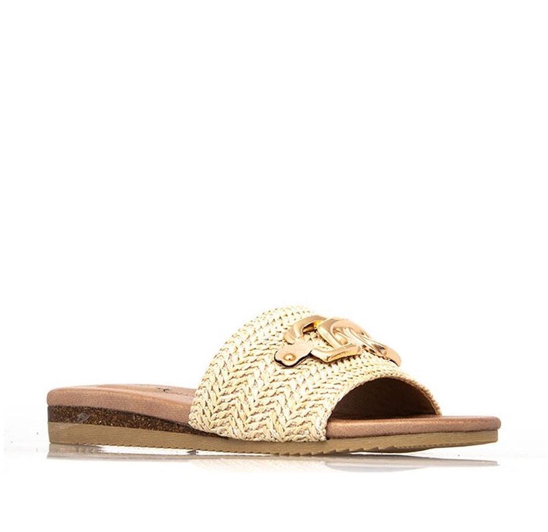 Laguna Quay Resort Karmen Beige Women's Slide Sandal with comfy flat sole, beige raffia, and gold buckle—perfect for easy wear.  ksnz