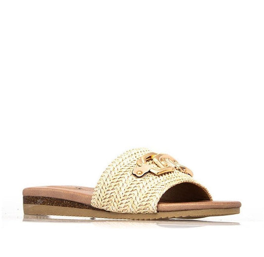 Laguna Quay Resort Karmen Beige Women's Slide Sandal with comfy flat sole, beige raffia, and gold buckle—perfect for easy wear.  ksnz