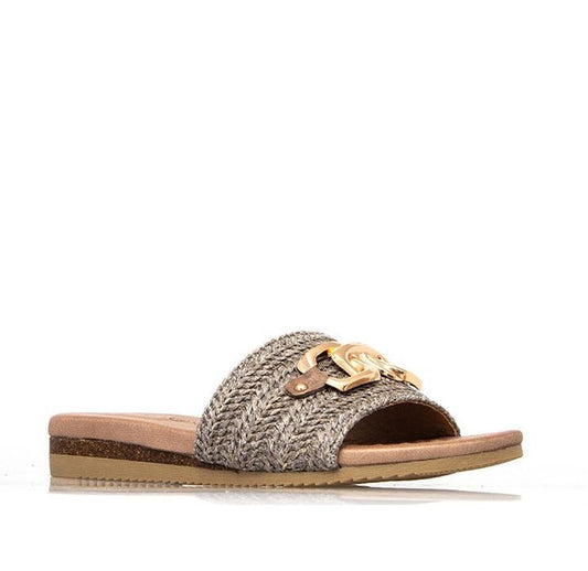 Laguna Quay Resort Karmen Women's Sandal Slide: tan and brown slip-on sandal with woven raffia top, gold chain, and flat sole.  ksnz