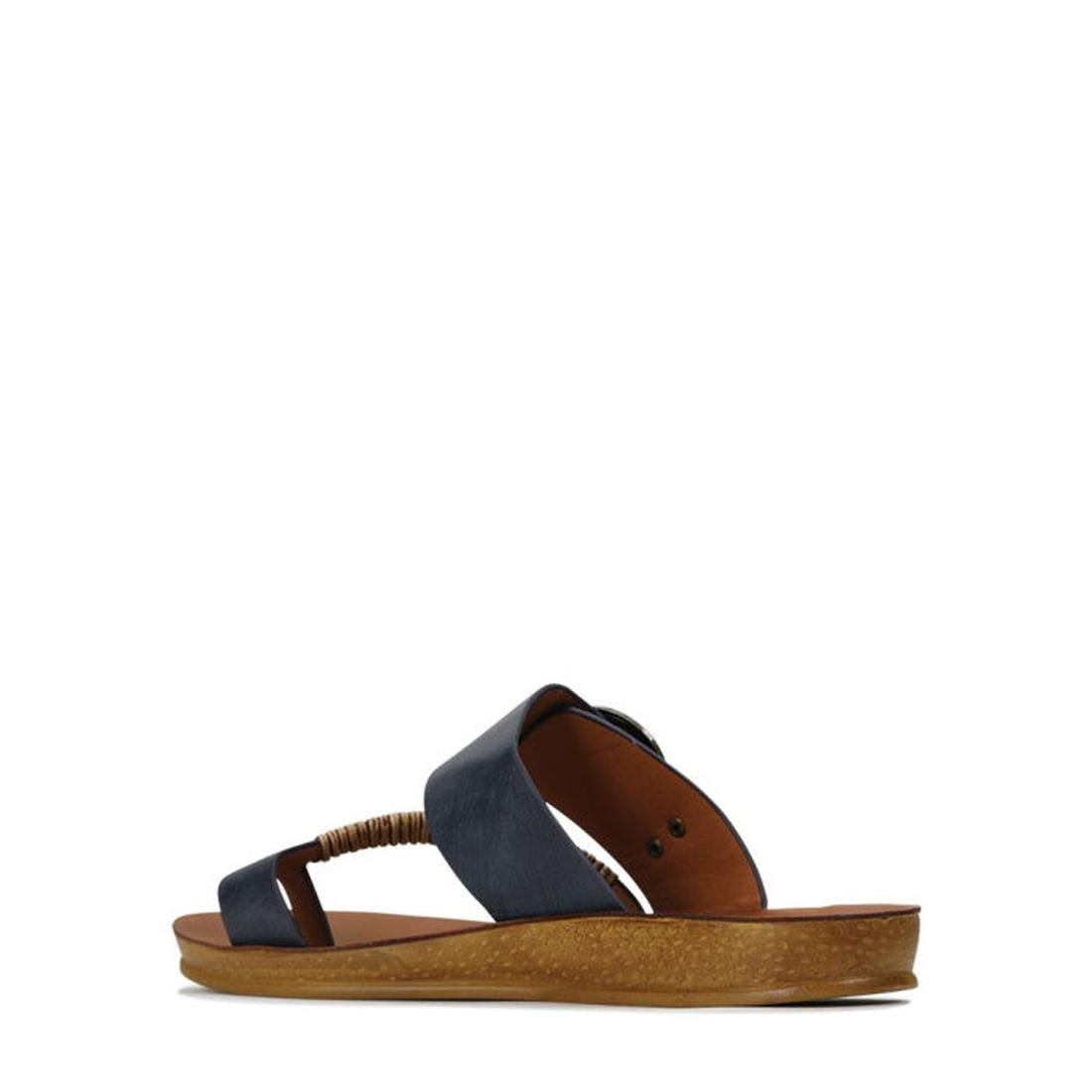 The Los Cabos Bria Blue Light Flexible Sandal Jandal Navy is a single navy sandal with two wide straps and woven detailing on top, a tan sole, and is shown against a plain white background., 236222, 9321191161815, 9321191161822, 9321191161839, 93211911618