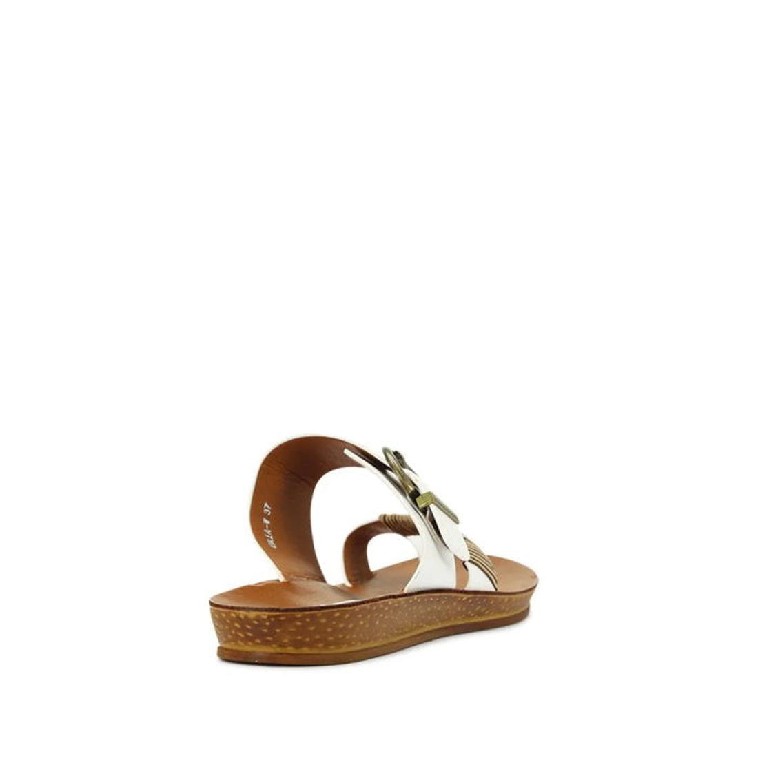 An off-white Los Carbos Bria sandal jandal with a light, flexible sole, white straps, and a decorative gold-colored buckle—viewed from the back on a white background.