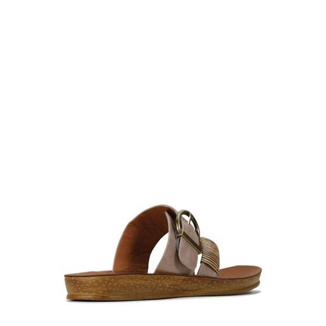 A side view of the Los Cabos Bria Taupe Light Flexible Sandal Jandal, featuring a low wedge heel, wide straps, and a large metallic buckle—ideal women’s thong sandals for summer—shown on a plain white background., 9321191053509, 9321191053516, 93211910535