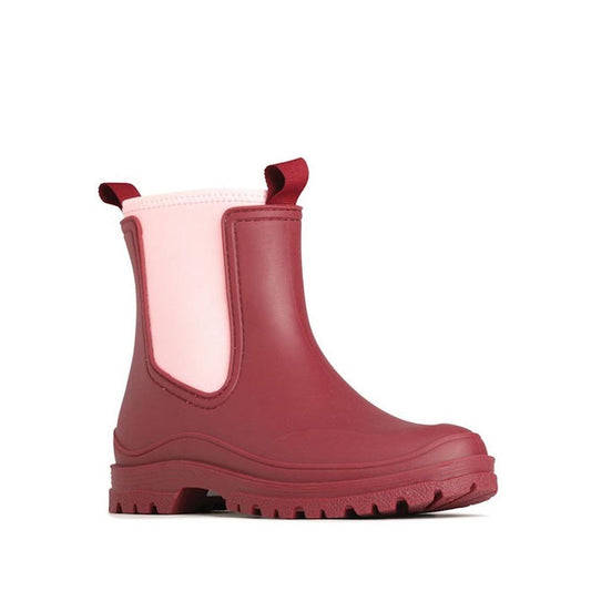 Los Cabos Amelia Berry Ankle Rain Boot Waterproof- showing side view of the right foot of the comfy flexible synthetic sandals slides for women