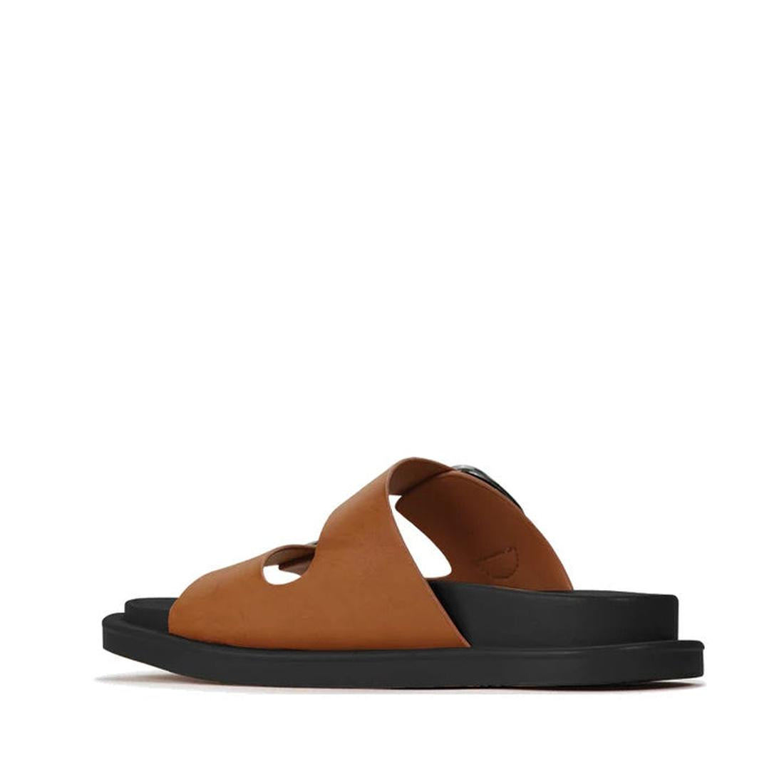 The Los Cabos Womens Slide Ando with Arch Support in Brandy is a brown leather sandal with open sides and toe, cutout upper details, a cushioned footbed, and thick black sole, shown in side profile on a white background., 49722, 49716, 49717, 49718, 49719
