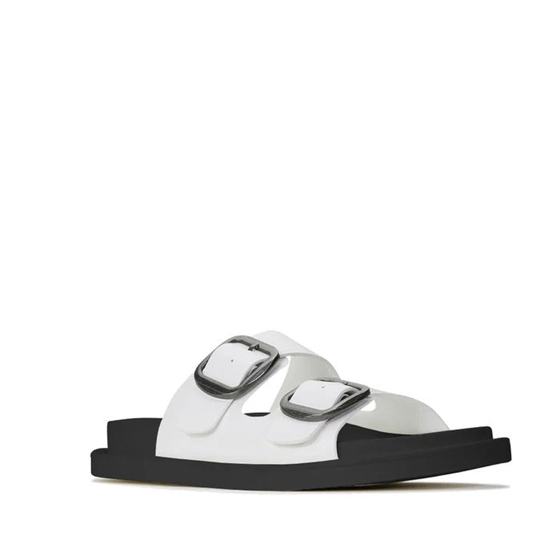 The Los Cabos Womens Slide Ando with Arch Support in white features two wide straps with large silver buckles on a thick black cushioned sole, shown against a plain white background.