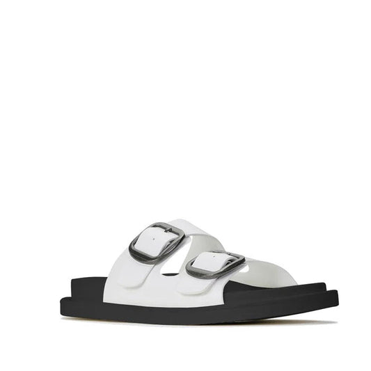The Los Cabos Womens Slide Ando with Arch Support in white features two wide straps with large silver buckles on a thick black cushioned sole, shown against a plain white background.