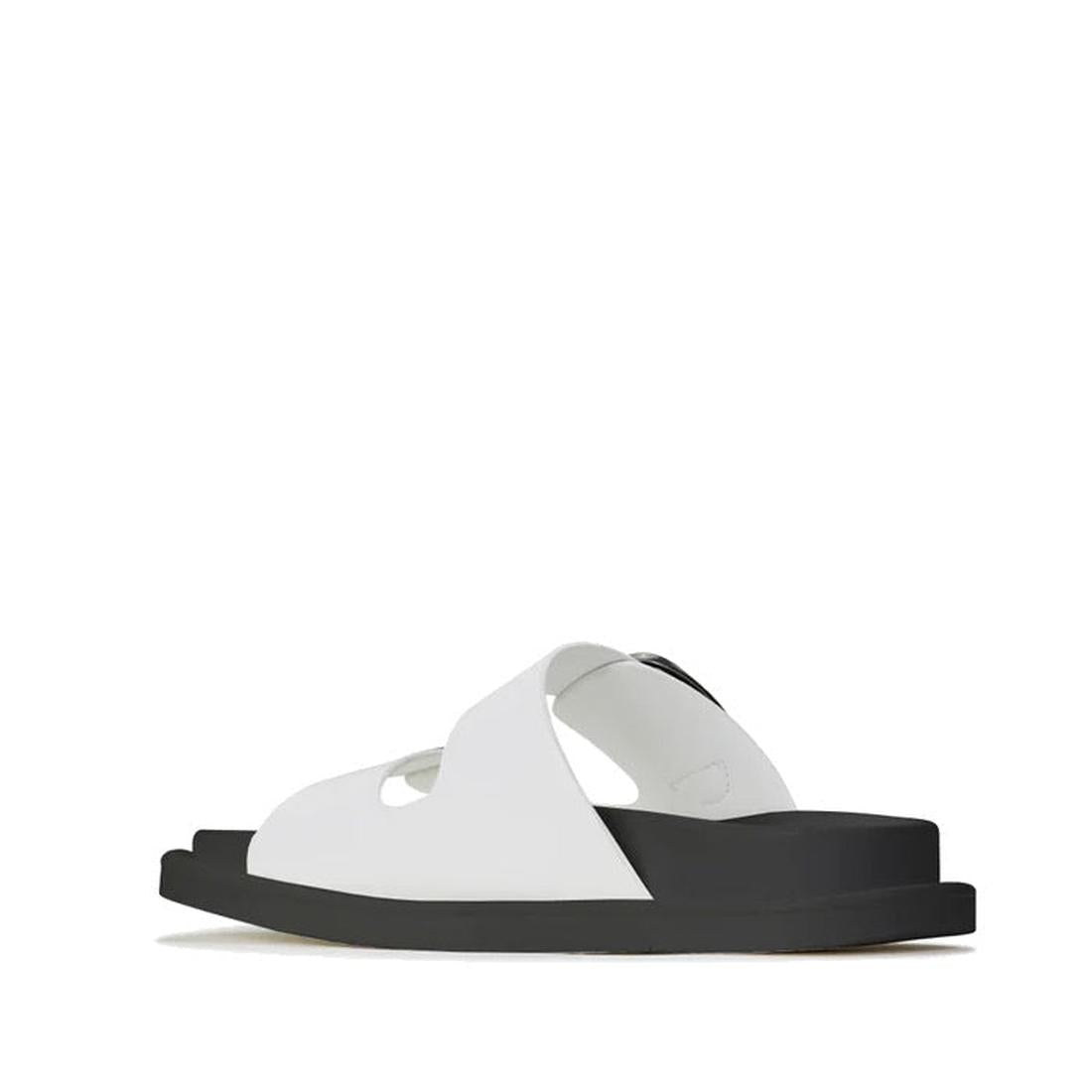 The Los Cabos Womens Slide Ando with Arch Support in White features wide crisscross straps, an open toe, a thick flat black sole, and a cushioned footbed for comfort, shown in side profile on a plain white background., 9321191051901, 9321191051918, 932119