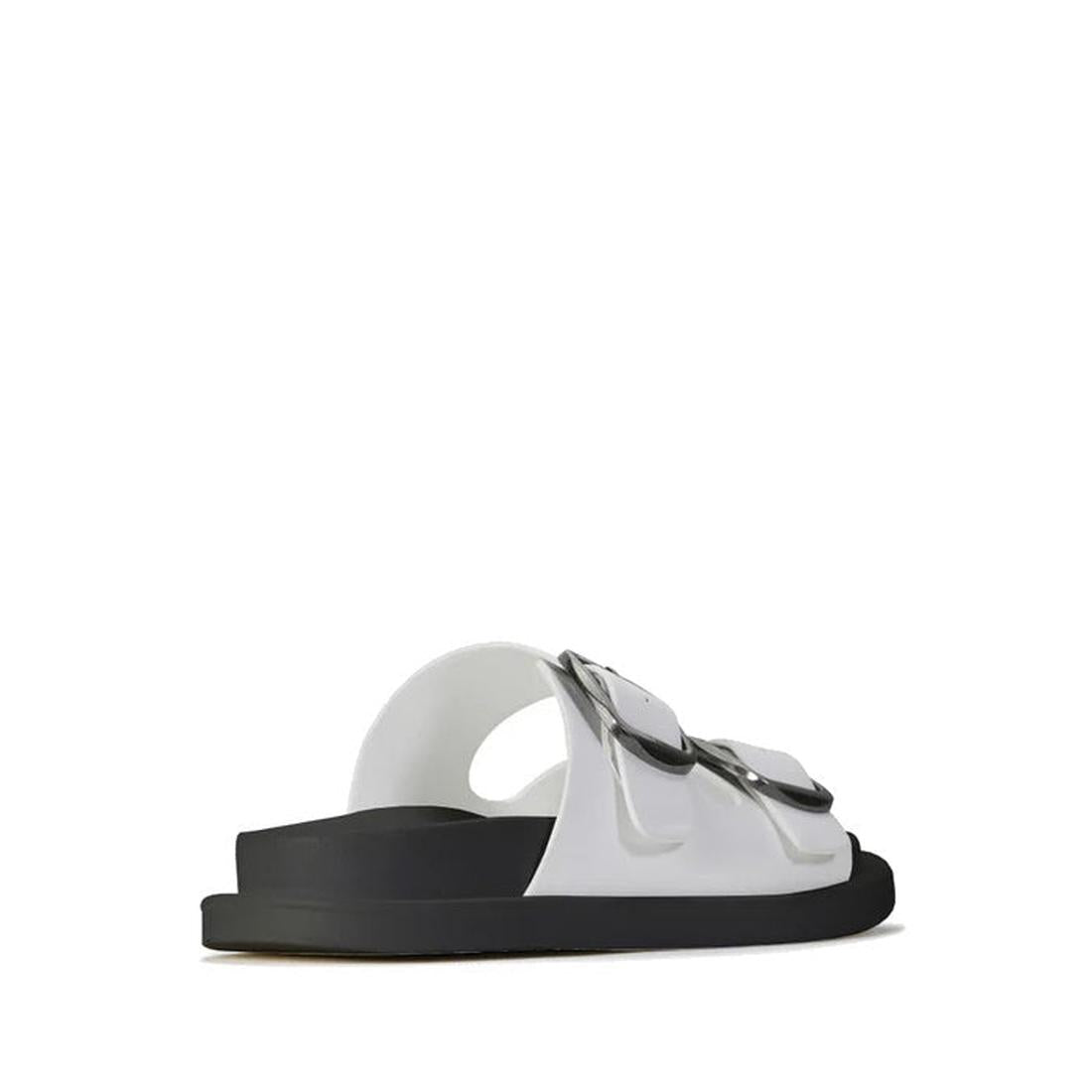 The Los Cabos Womens Slide Ando with Arch Support in white features two large silver buckles, a thick black sole, and a cushioned footbed. Shown from the side on a white background., 9321191051901, 9321191051918, 9321191051925, 9321191051932, 932119105194