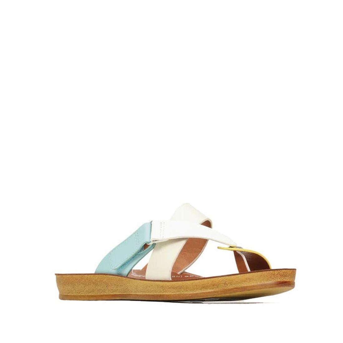The Los Cabos Bry Pastel Combo Yellow Off White Blue is a women’s sandal with a comfy cork sole and overlapping straps in white, light blue, and yellow—shown on a white background, perfect for casual summer style.