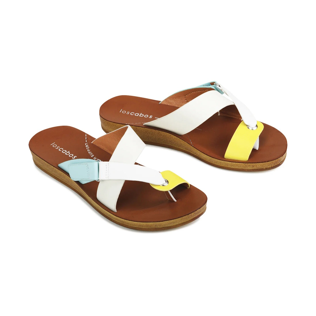 The Los Cabos Bry Pastel Combo Yellow Off White Blue is a stylish women's sandal with brown wedge soles, white straps, yellow toe accents, and light blue side details—ideal for all-day summer comfort., 9321191210612, 9321191210629, 9321191210636, 93211912
