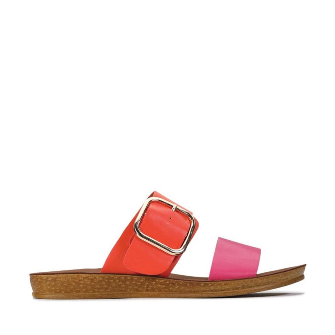The Los Cabos Doti Pink/Orange Light Flexible Sandal features a tan sole, wide orange strap with a bold gold buckle, and a pink toe strap—perfectly comfy and stylish for summer days., 9321191058962, 9321191058979, 9321191058986, 9321191058993, 93211910590
