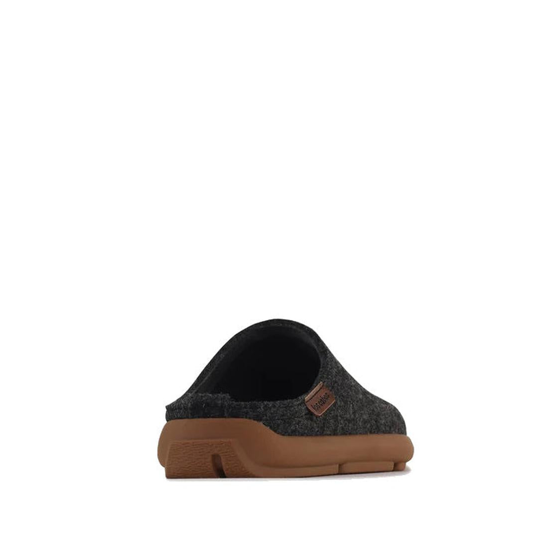 The Los Cabos Felton Graphic Black Women's Felted Slipper House Shoe is shown from the back, featuring a cozy, breathable dark gray design with a brown rubber sole against a plain white background., 9321190005967, 9321190005974, 9321190005981, 93211900059