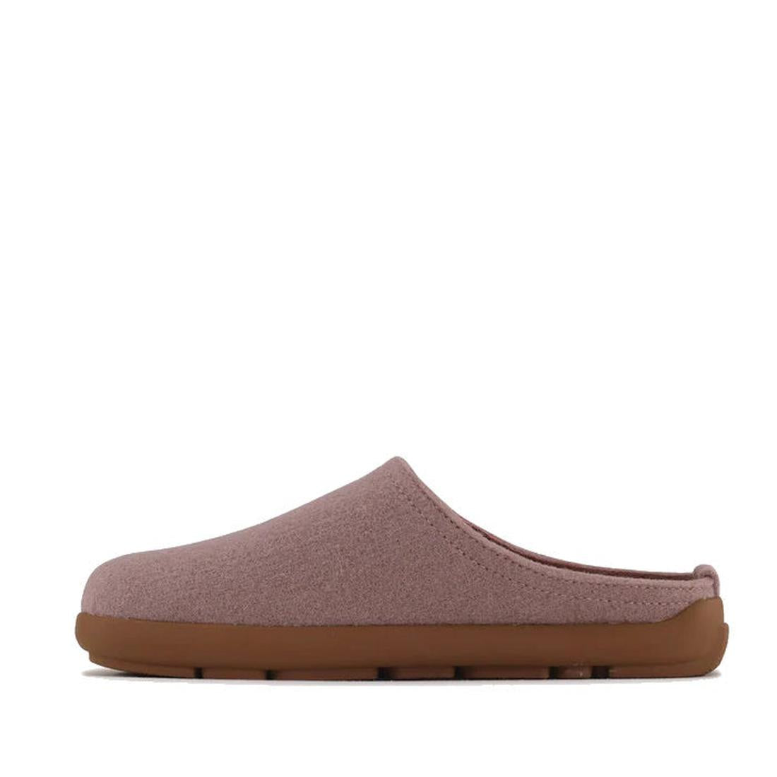 The Los Cabos Felton Graphic Lavender Women's Felted Slipper House is a mauve slip-on with a closed toe and thick brown cushioned sole, ideal for casual wear, displayed in profile against a white background., 9321190006025, 9321190006032, 9321190006049, 9