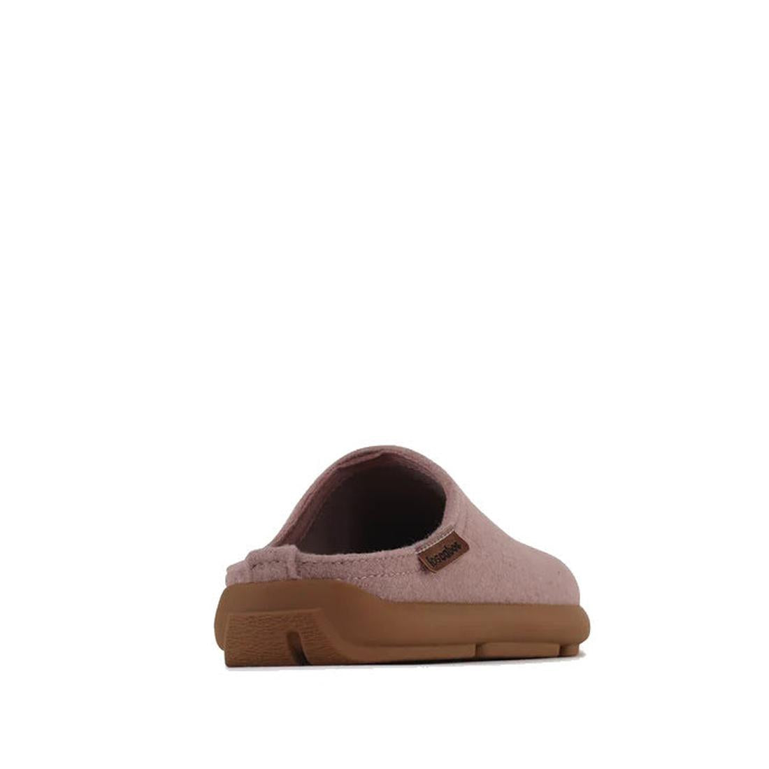 A back view of the Los Cabos Felton Graphic Lavender Women's Felted Slipper House, a pink slip-on with a brown rubber sole, low heel, cushioned sole, and a side fabric tag—ideal for casual wear—shown against a white background., 9321190006025, 93211900060