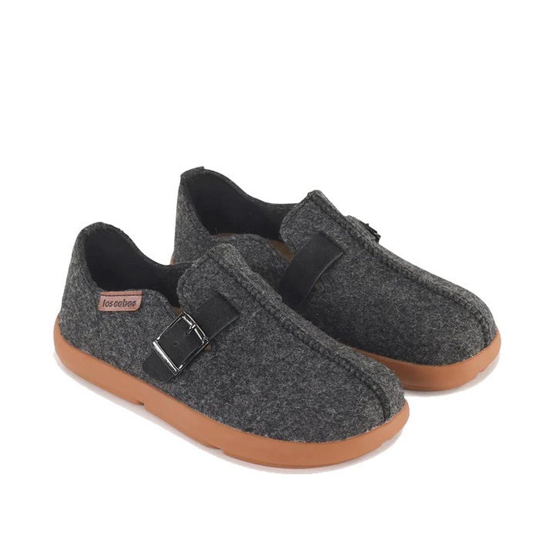 Los Cabos Feltsome Graphite Black Women's Slippers have cozy dark gray felt, sturdy brown soles, and secure black buckle straps.  ksnz