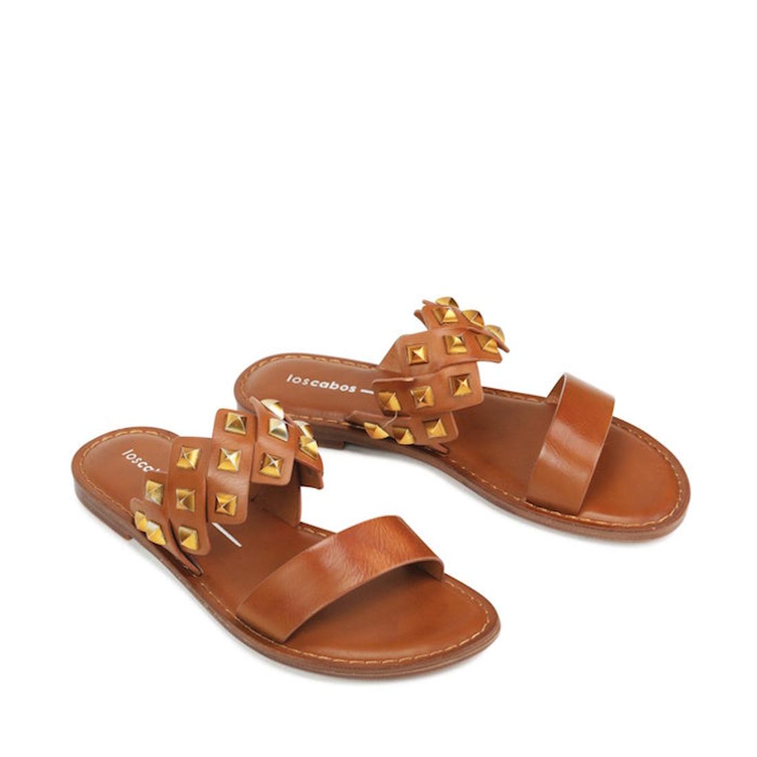 Los Cabos Womens Slide Mail Brandy sandal in warm brown with comfy slip-on sole, one plain strap, and a gold-studded accent strap.  ksnz