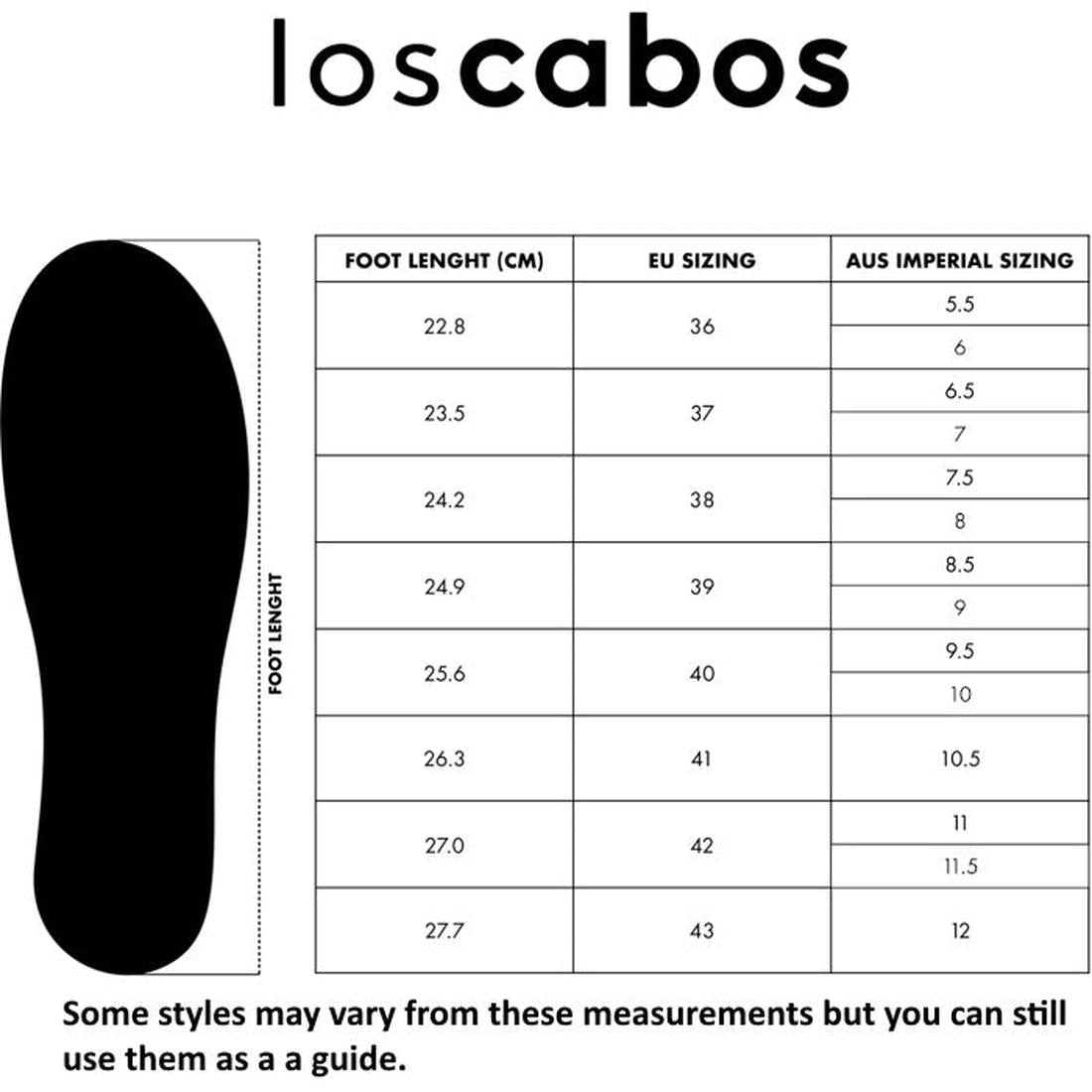 Shoe size guide for Los Cabos Bride Caramel Raffia Flat Slide Sandal, with foot lengths (22.8–27.7cm), EU sizes 36–43, and AUS Imperial sizing. Left features a black shoe outline—ideal for stylish resort wear., 46956, 9321191296302, 9321191296319, 9321191